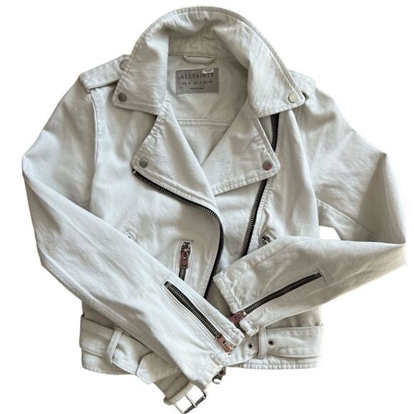 ALLSAINTS Morgan Biker Jacket In White Denim Size 2 - Picture 6 of 11